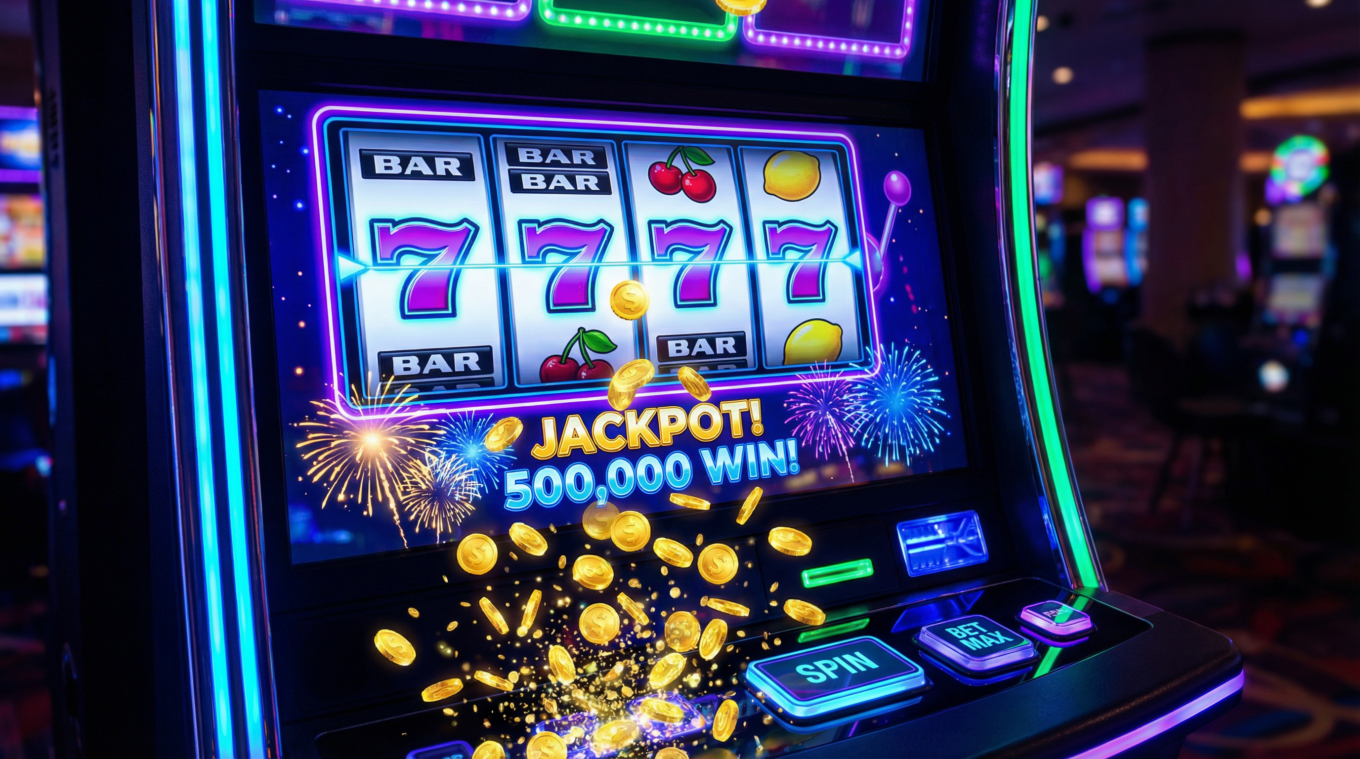 网赌平台老虎机游戏界面展示，显示经典777符号和金币奖励